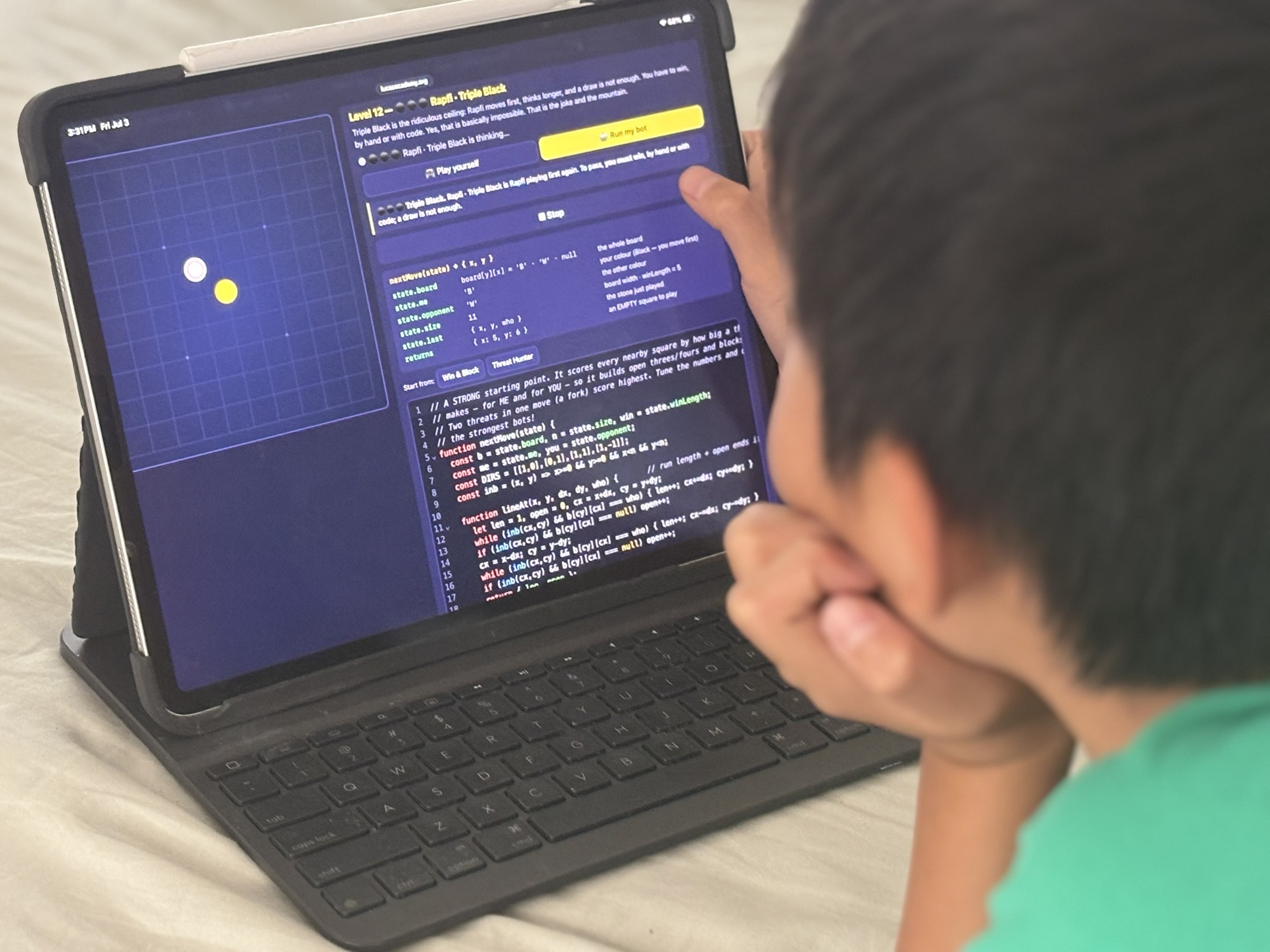 A student playing a Gomoku ladder puzzle in The Glitch Arcade on an iPad