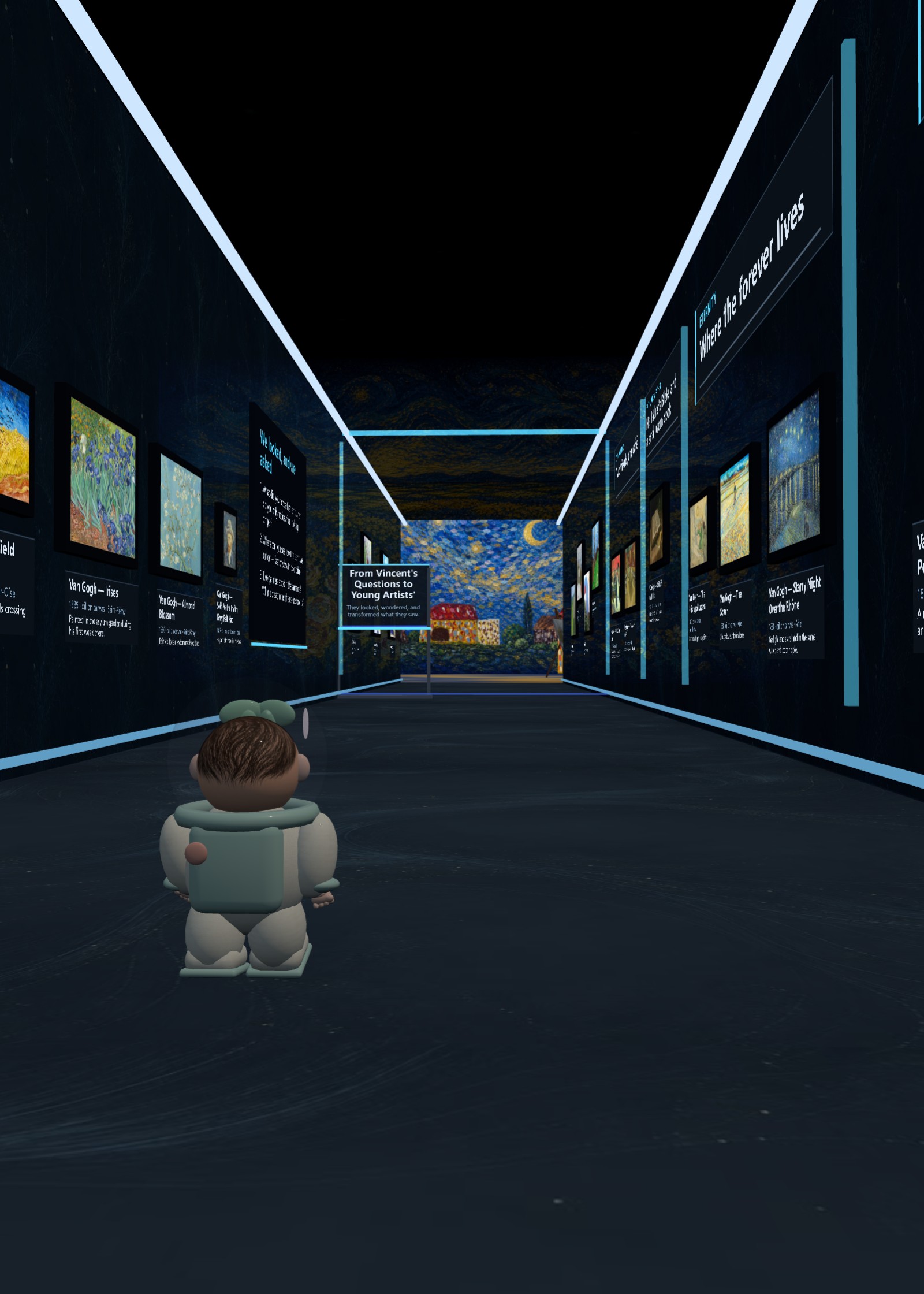 An avatar exploring the Inception Space deep-space art museum