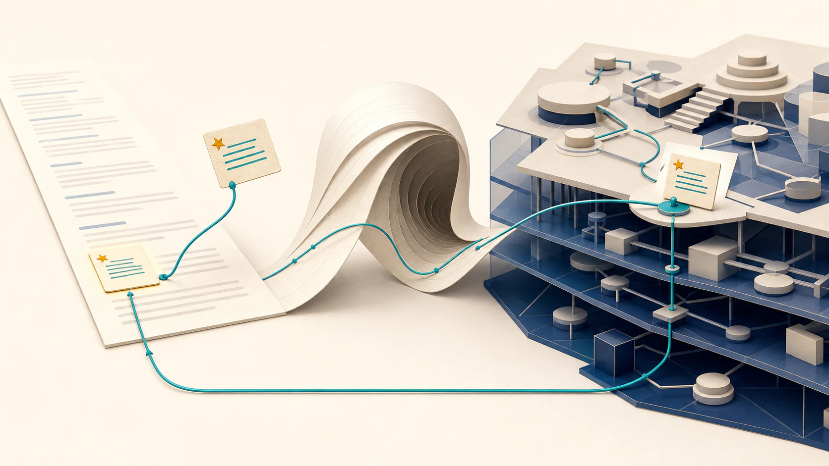 A flat conversation folds into a layered knowledge structure while one learner-originated insight stays connected to its source