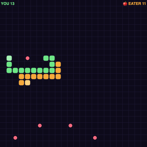 The Champion's Arena duel: two snakes weaving among apples with a YOU versus Eater scoreboard