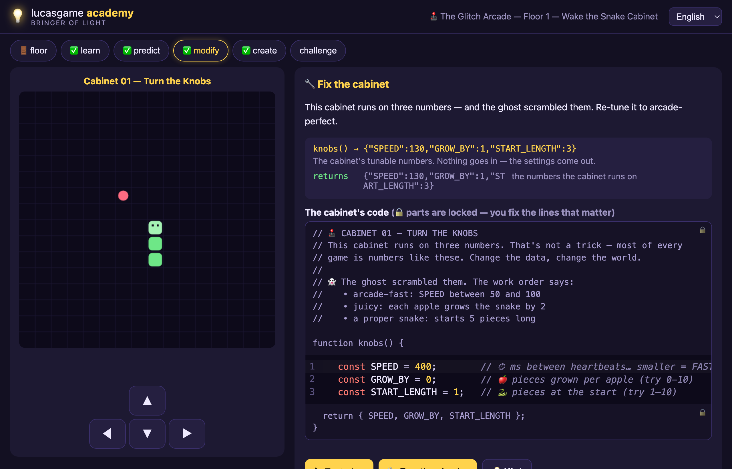 The Glitch Arcade's modify step: a live snake game beside its editable knobs() code, where three scrambled values wait to be fixed against the work order in the comments