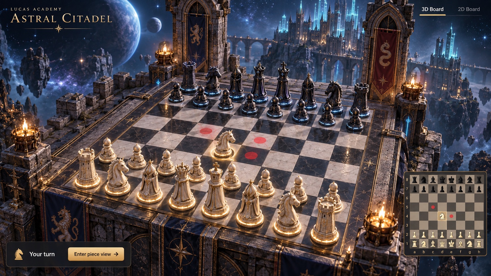 A holographic chess battlefield inside a blue-lit medieval castle