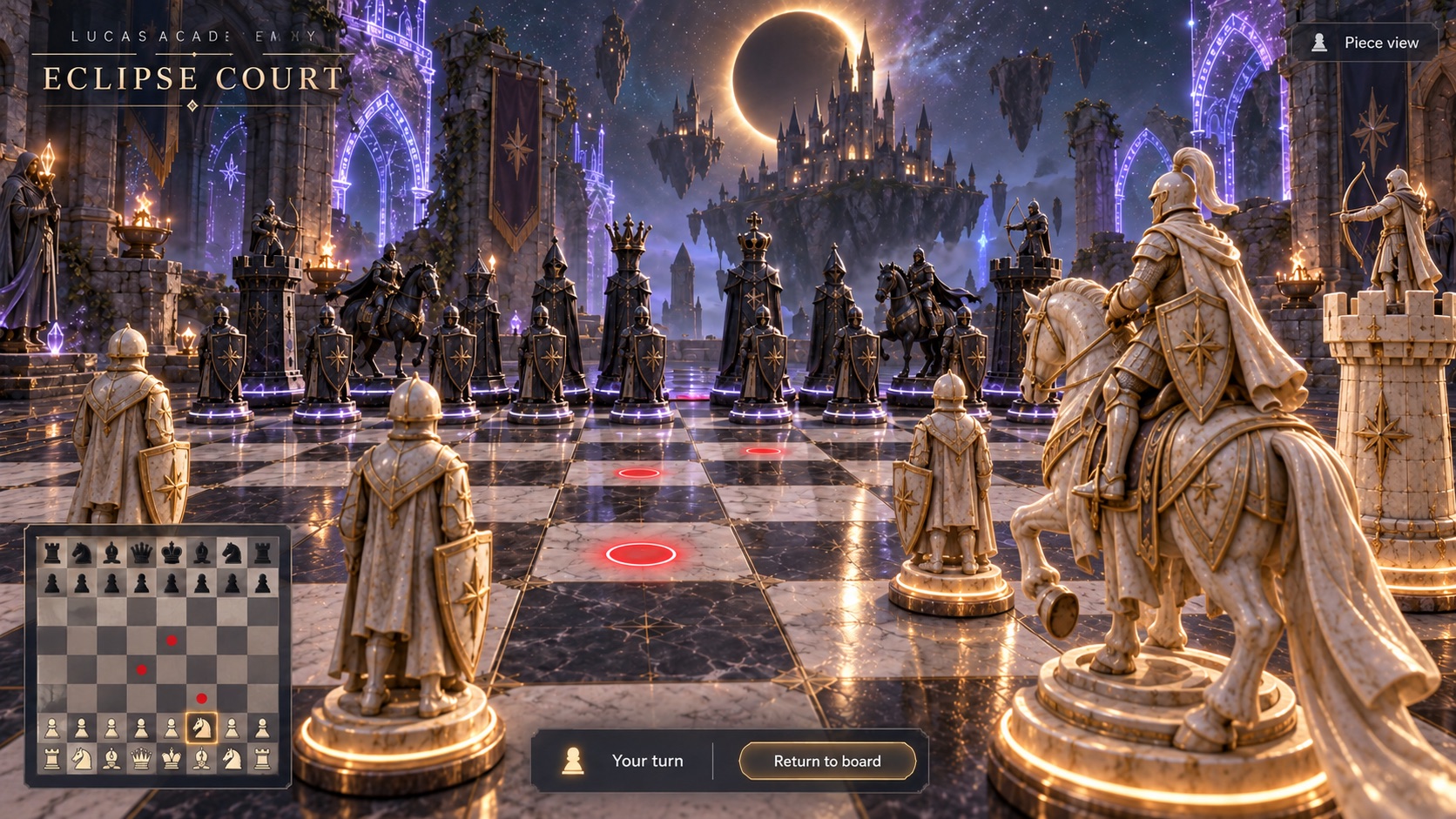 Eclipse Court chess concept: armored pieces and mounted riders in a castle battlefield beneath an eclipse