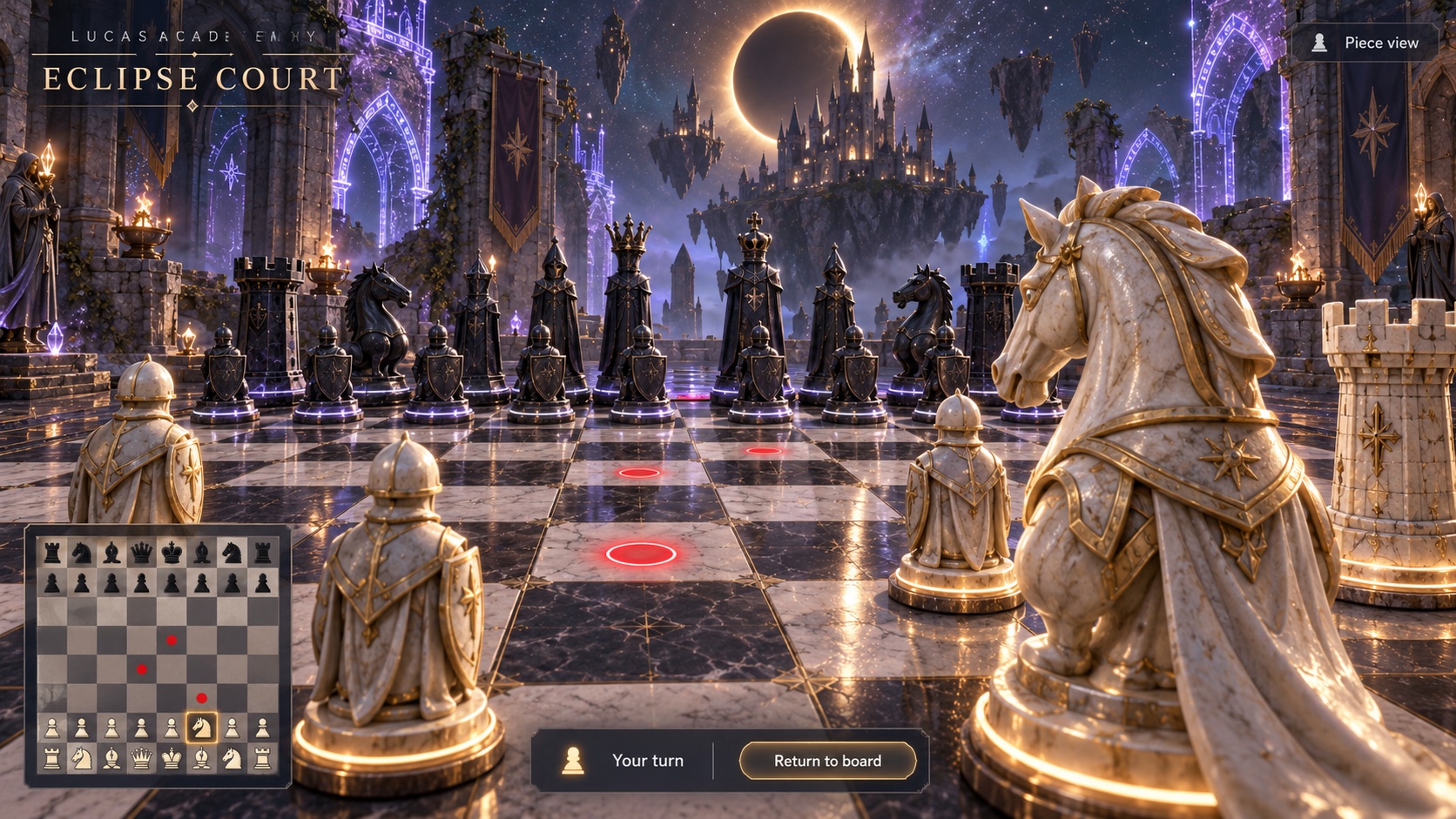 Ivory and dark medieval chess armies in an eclipsed castle courtyard