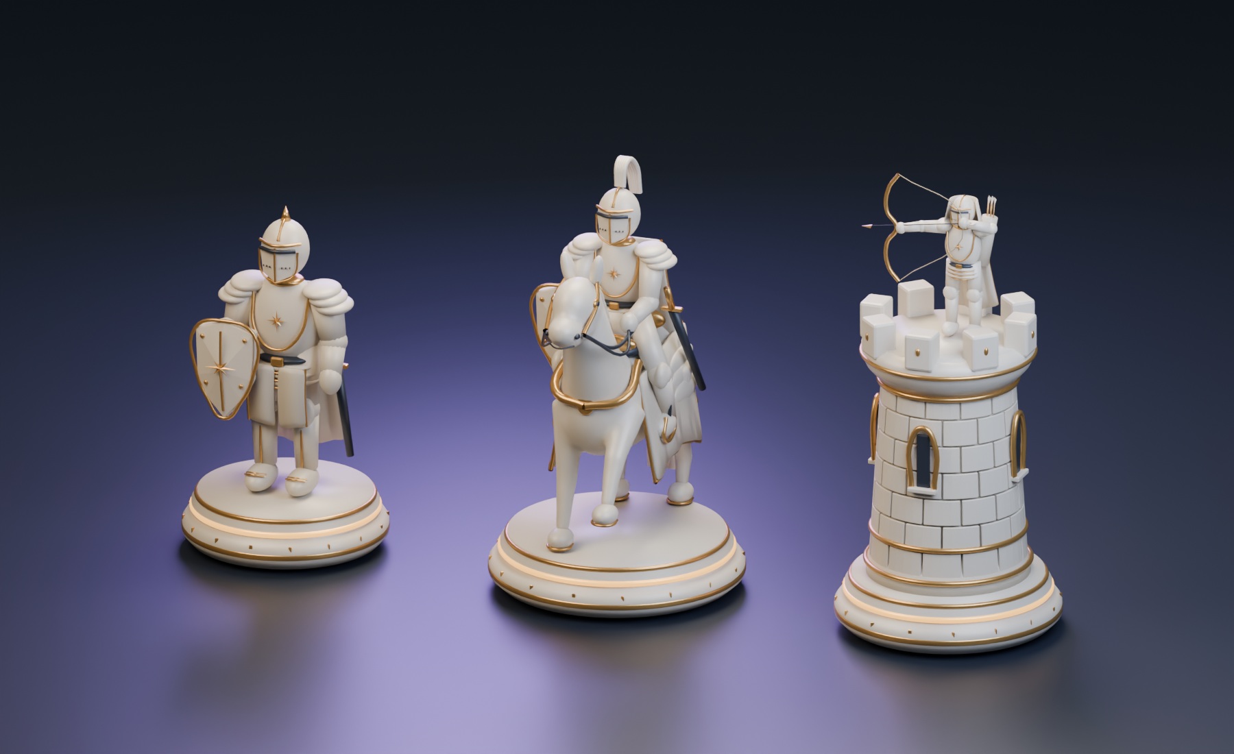 Actual 3D models: a tall pawn guard, a mounted knight and an archer on a rook tower in ivory and gold
