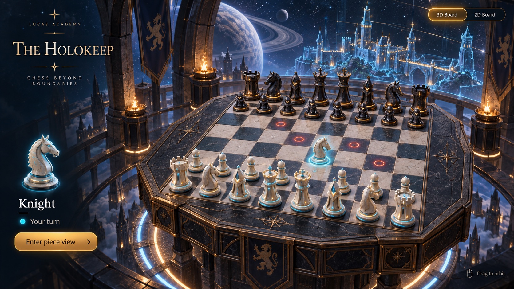 A floating medieval fortress with translucent holographic chess pieces
