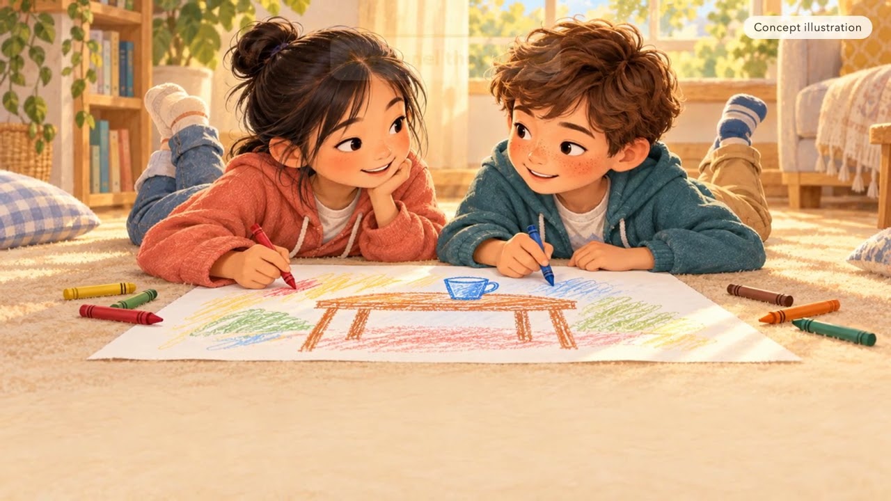 Language Bridge film: two kids draw a table together